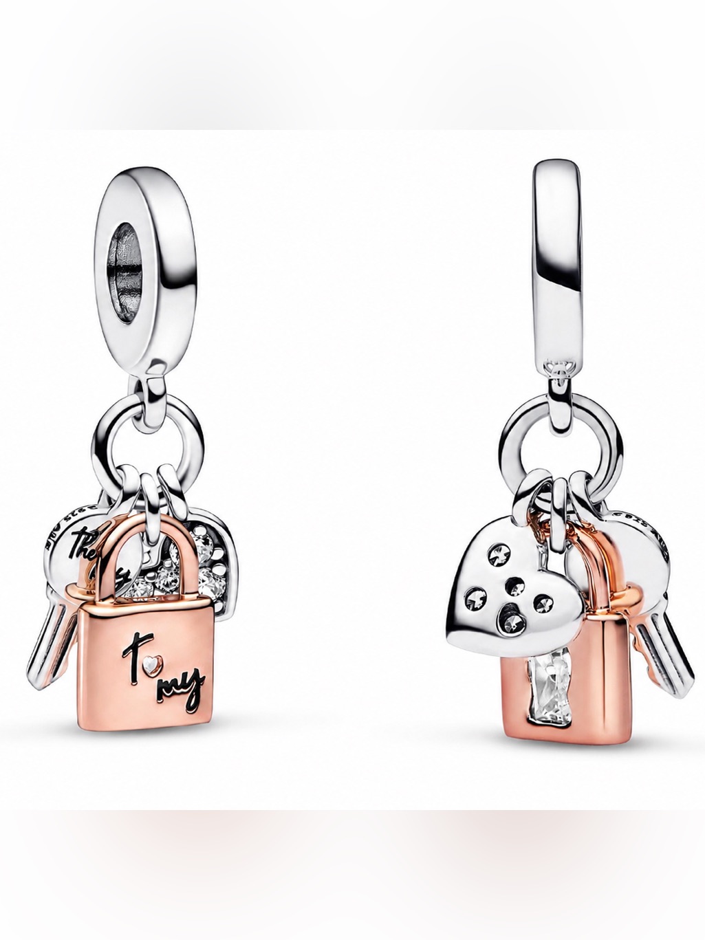 Pandora Cubic Zirconia Two-Tone Key, Padlock Heart Triple Dangle Charm